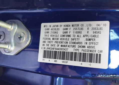 2010 Acura Tsx 3.5 из США, поврежденный, VIN JH4CU4F64AC003437